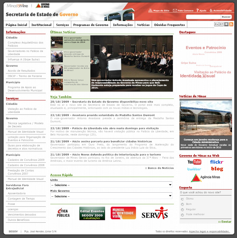 Foto do novo site da Secretaria de Estado de Governo