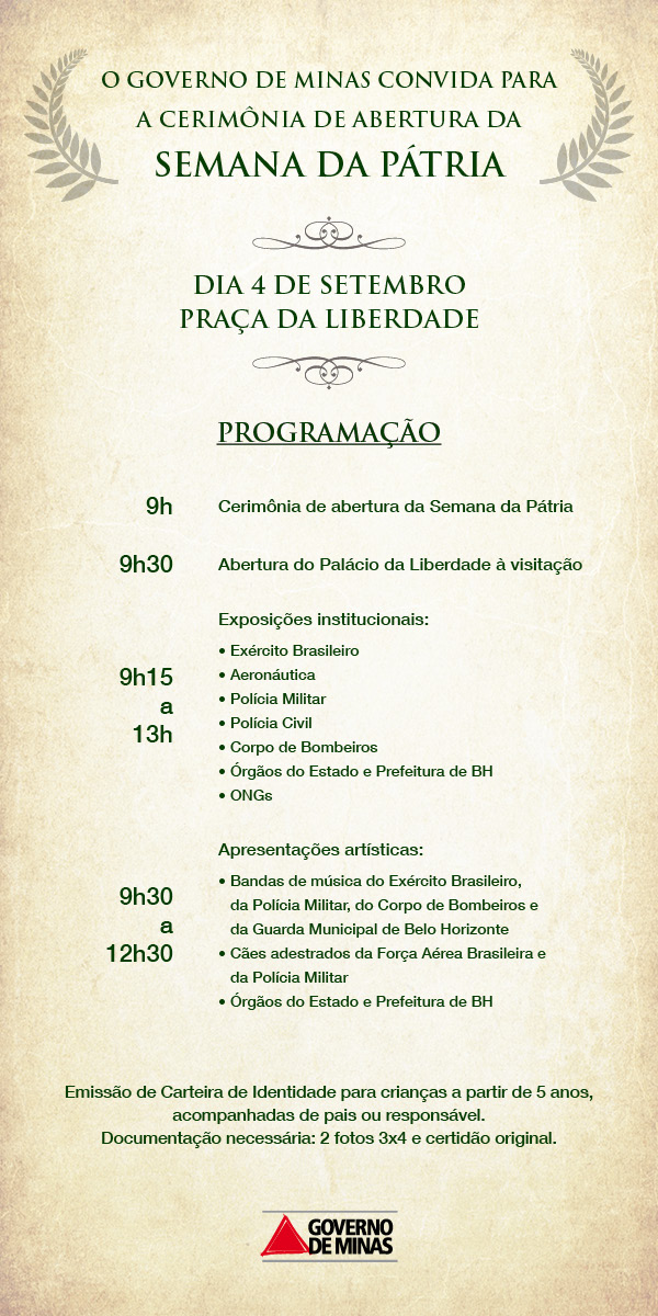 Governo de Minas convida para cerim&ocirc;nia de abertura da Semana da P&aacute;tria